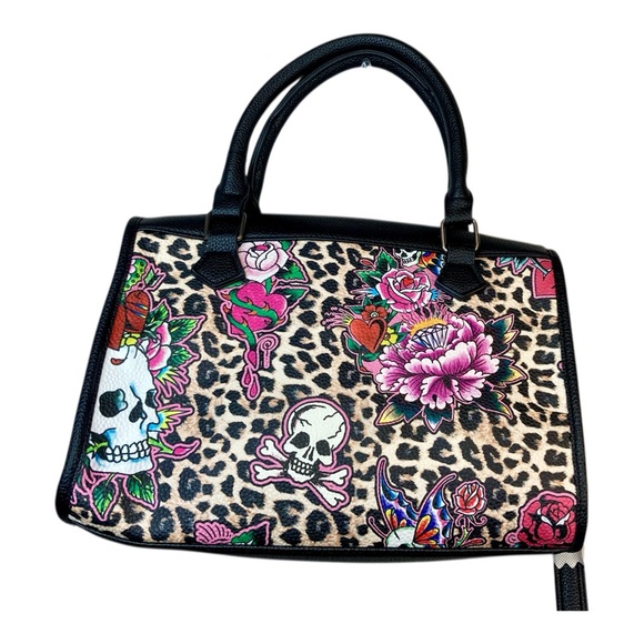 ED HARDY Cheetah Floral Skull Heart Diamond Tiger Vegan Leather Satchel Purse - Picture 2 of 8